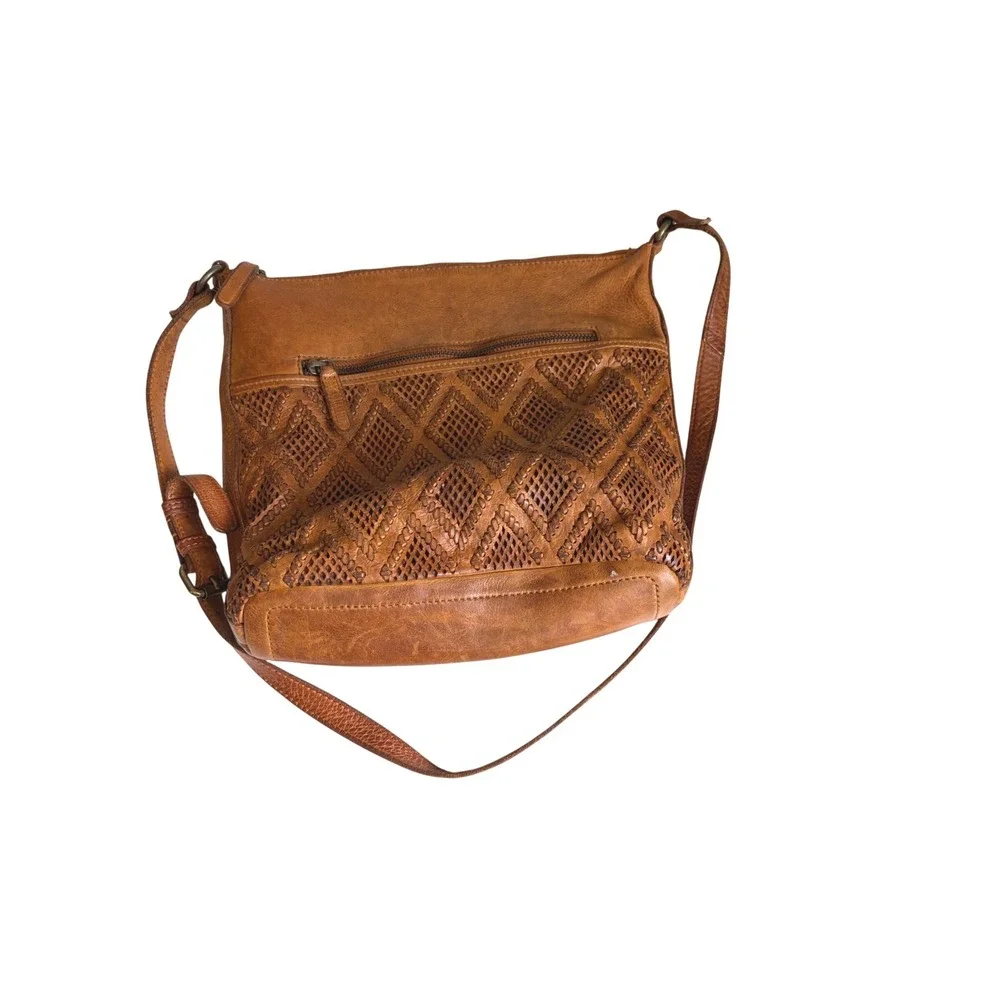Valenca Holland Cognac Brown Leather Woven Diamond Crossbody Bag Handbag